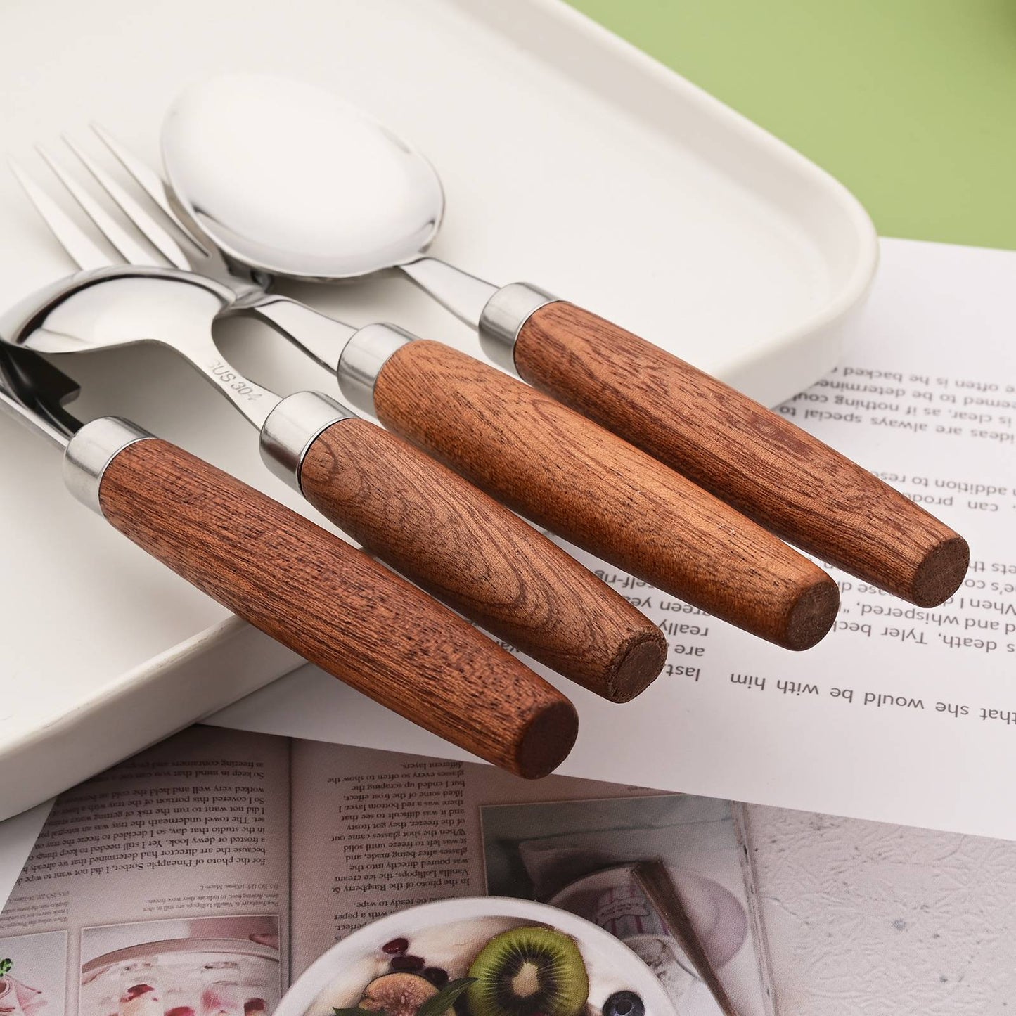 8/16/24 Peças Talheres de Aço Inoxidável 304 com Cabo de Madeira Imitação Jogo de Jantar Utensílios de Mesa Ocidentais Faca Garfo Colher de Chá Prata