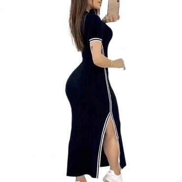 Elegant Summer Women Dress O Neck Side Slit Slim Solid Color Short Sleeves Striped Skinny Maxi Dress