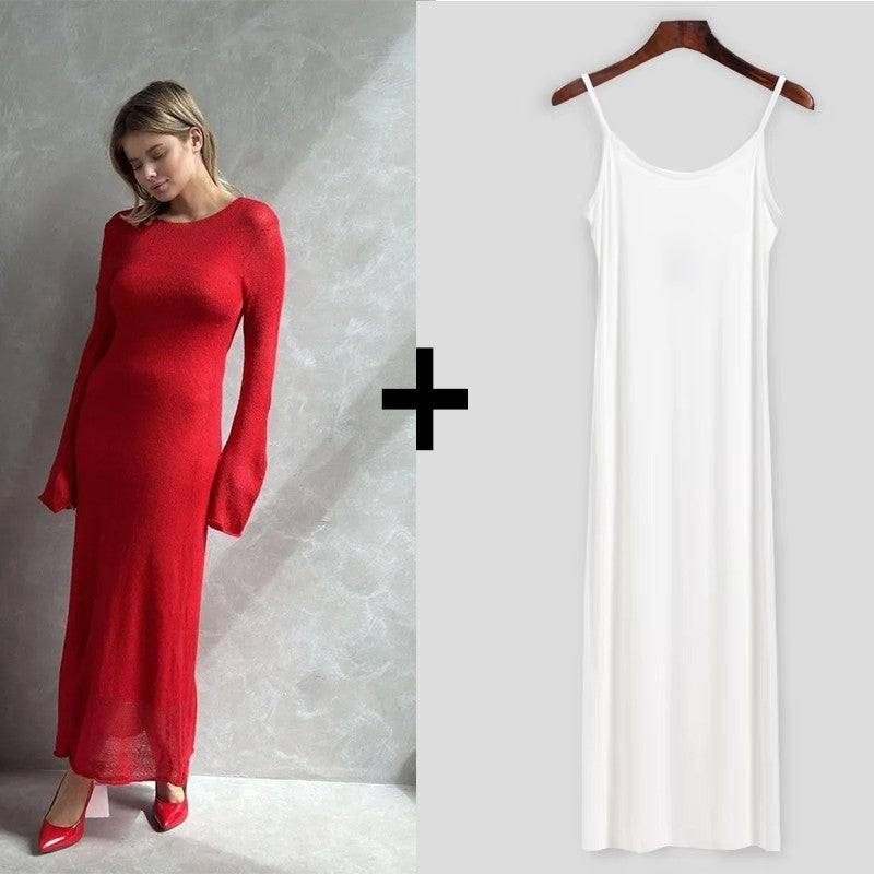 Hirsionsan Spring Autumn O-Neck Elastic Knit Long Dresses Women 2024 Elegant Chi