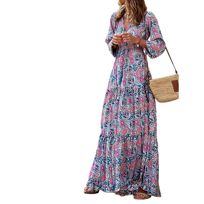 Women's Autumn New Fashionable Printed Sexy V-neck Long Sleeve High Waist Elasti