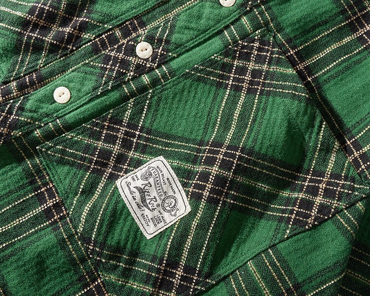 8112# Autumn New Japanese Retro Cargo Sueded Plaid Shirt Men's Fashion 100% Cotton Washed Old Pocket Long Sleeve Casual Blouses