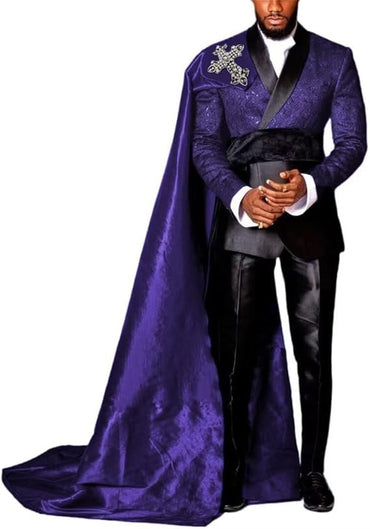 Customized Black Jacquard Shawl Lapel Jacket Pant Cape Groom Wedding Tuxedos Luxuly Male Prom Party Blazers Handsome Ropa Hombre