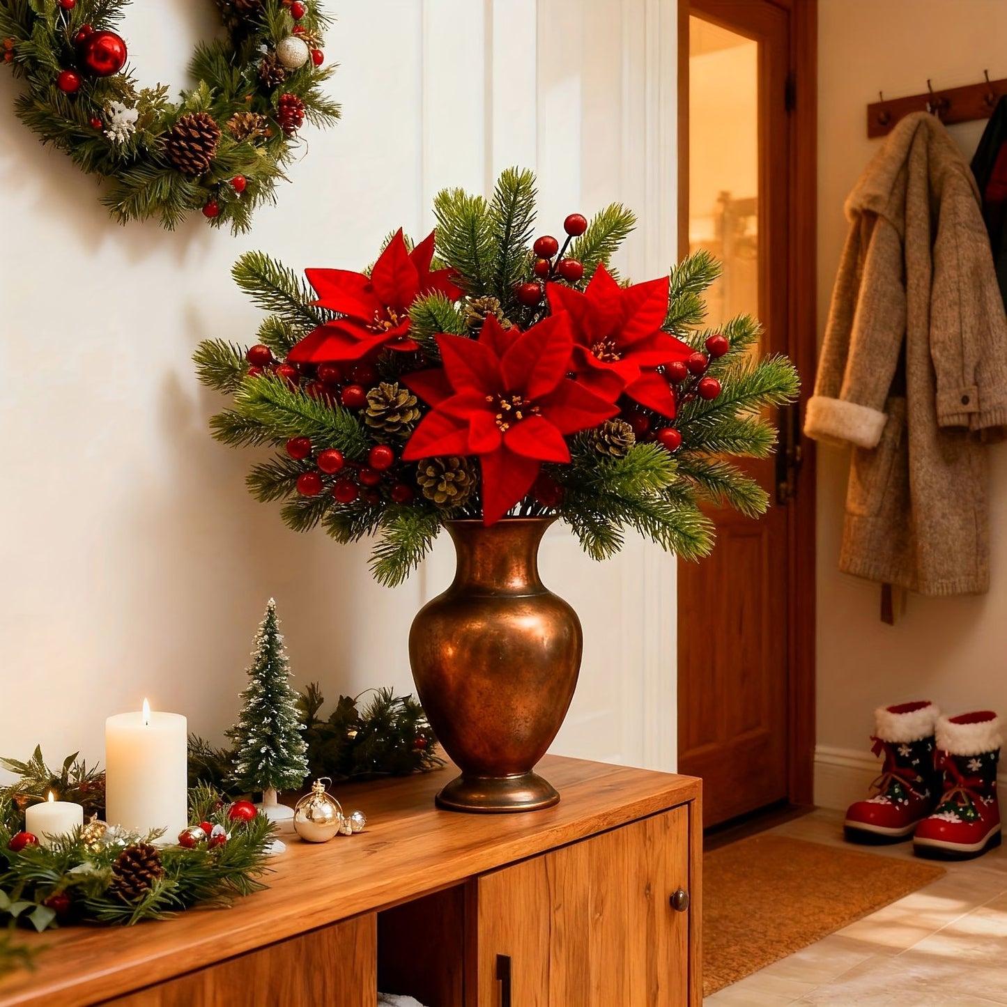 5Pcs 36cm Christmas Poinsettia Picks, Velvet Red Floral Stems with Pine Berries Pine Cones, Fake Xmas Flowers for Vase Table Decoration