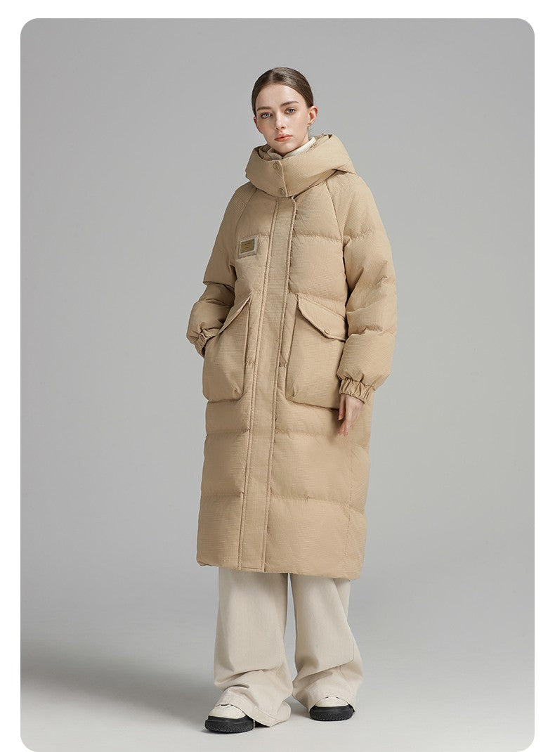 CLARKE QUEEN Long Down Jacket for Women Winter Duck Down Coat Hooded Over-the-Knee Casual Thickened Fitted Padded Puffer Coat