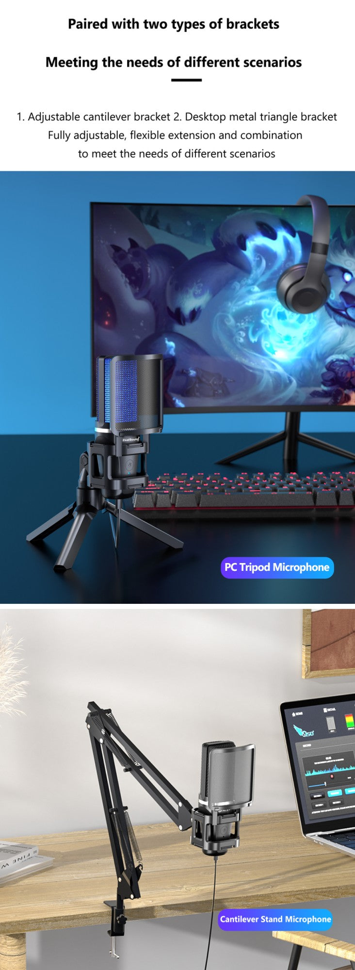 Microfone para Gravação RGB Zealsound com Braço Articulado/Microfone Condensador USB com Tripé para Jogos, Podcast, Streaming e Youtube