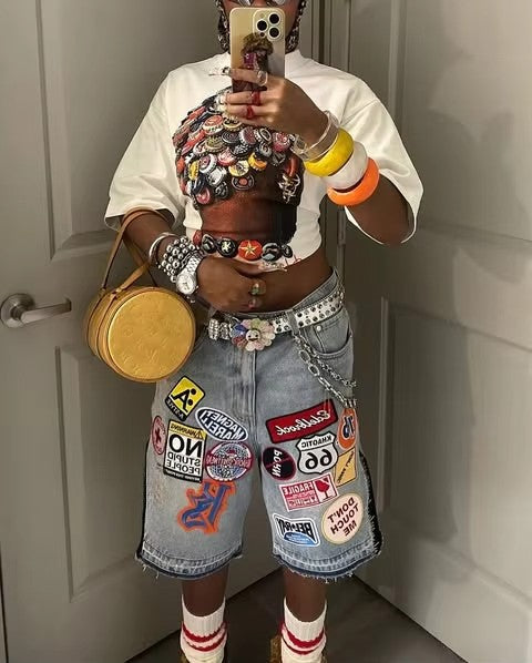 American Retro Denim Shorts Y2K Jeans Harajuku Hip Hop Cartoon Embroidery Retro Baggy Shorts Low Waist Sports Basketball Shorts