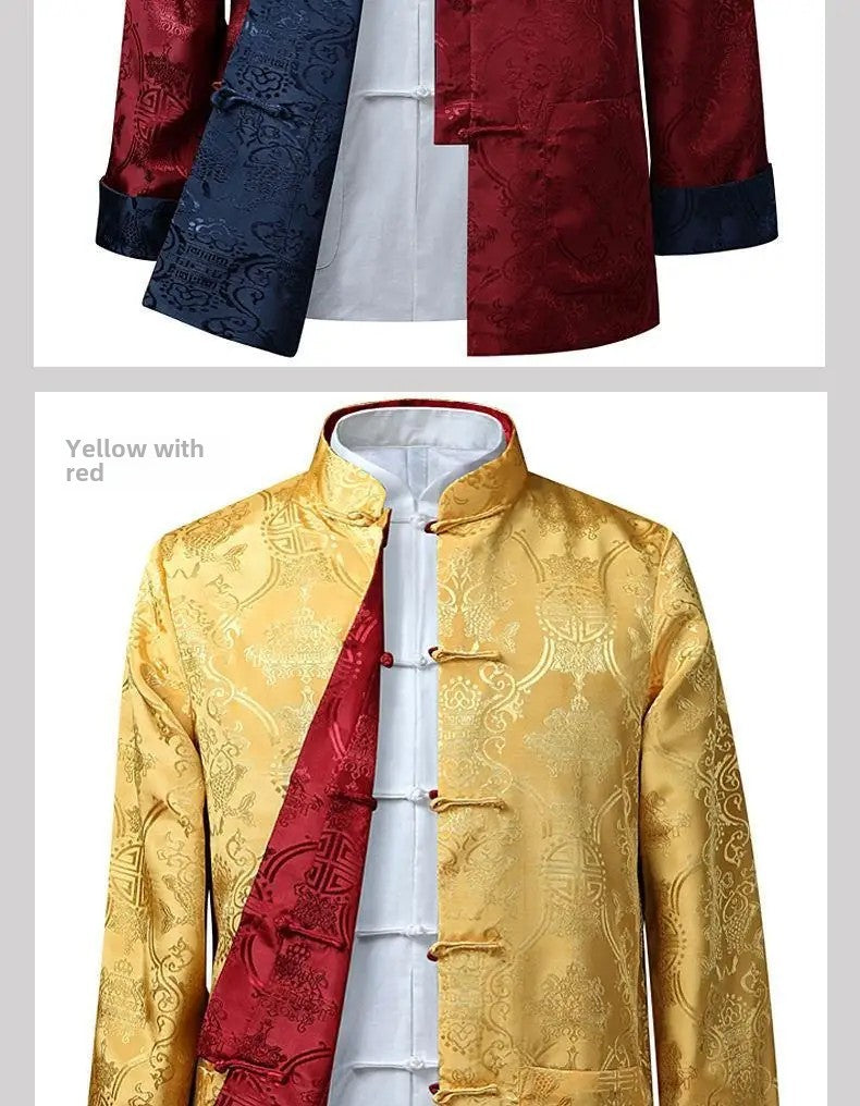 Spring Autumn Double-Sided Wearable Vintage Blazer Jacket Men's Casual Chinese Style Middle-Aged And Elderly Fashion Outerwear
