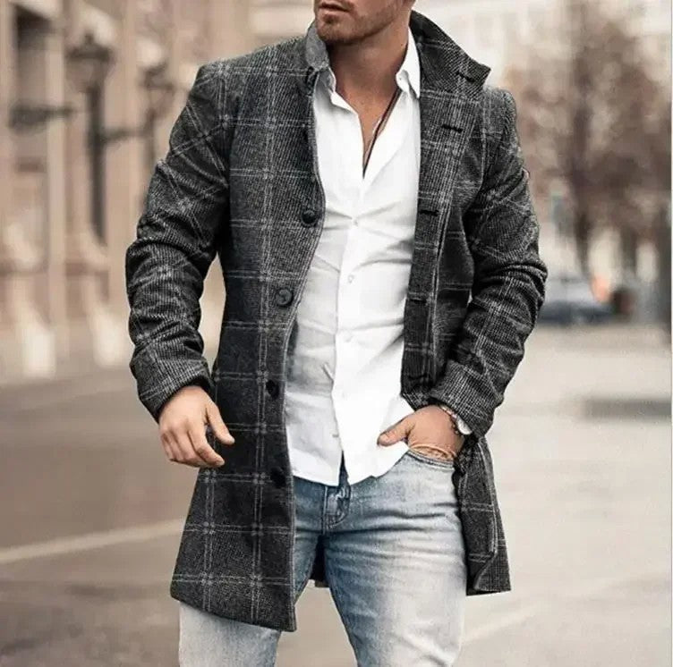 2025 Men's Casual Wool Blends Jacket Plaid Print Long Sleeve Buttoned Jackets Coats Tops Male Warm Outerwear Long Coats Men 4XL