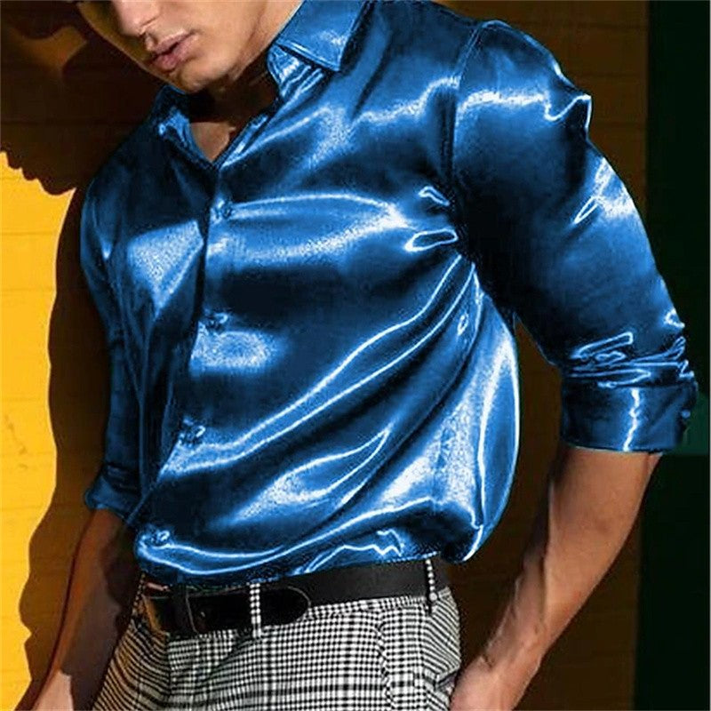 Men's wedding festival shirt solid color black white blue red long sleeve lapel shirt casual loose style fast delivery