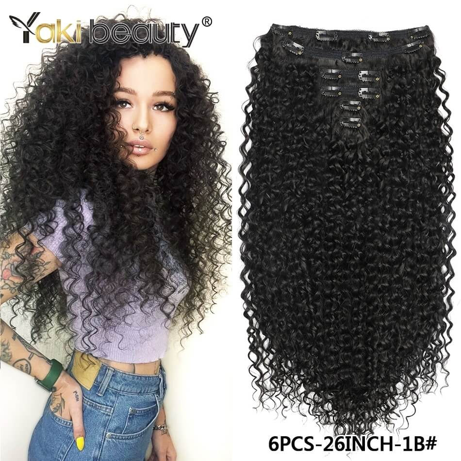 Aplique de Cabelo Cacheado Jerry Sintético de 26'' com Trama Dupla, Cabeça Completa, Fibra Japonesa Orgânica Ice Silk, Preto e Marrom, 160g