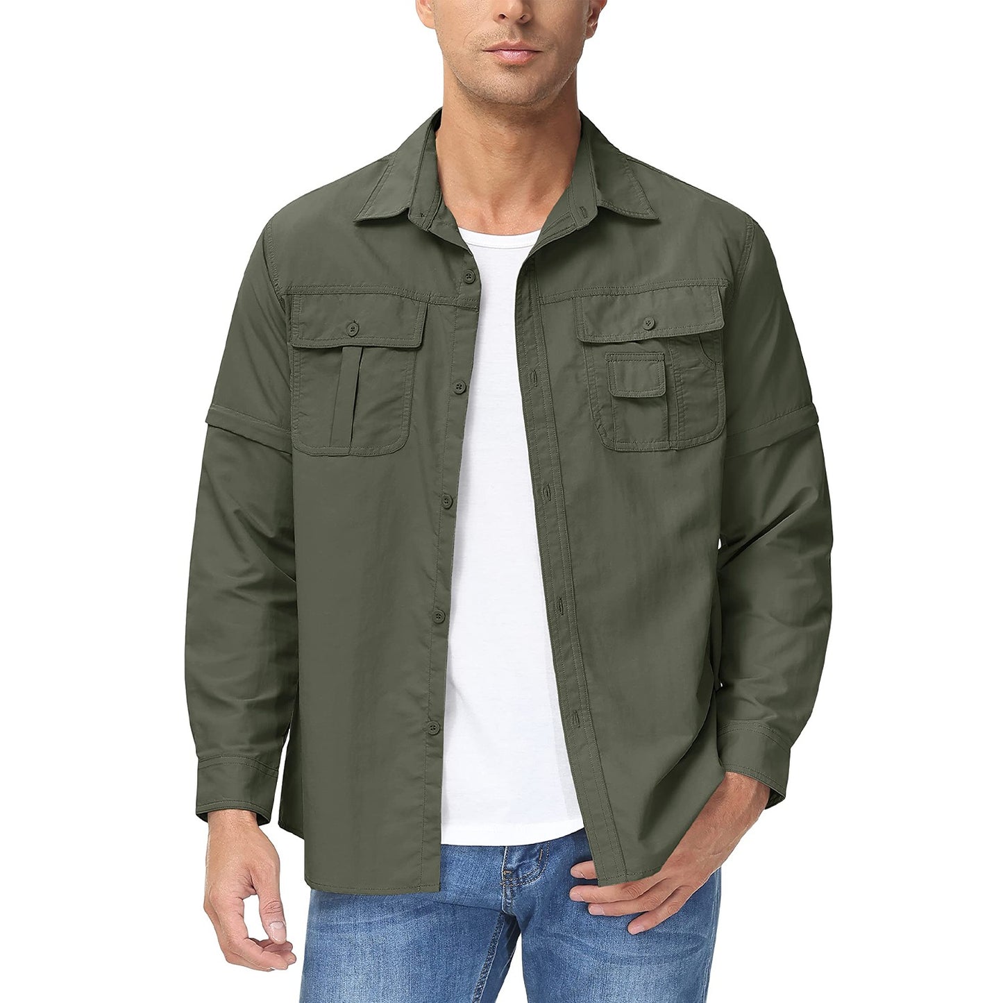 TACVASEN Summer Quick Dry Long Sleeve Cargo Work Shirts with Pockets Mens Safari Hiking Shirts Button Down Shirts Clothes Males
