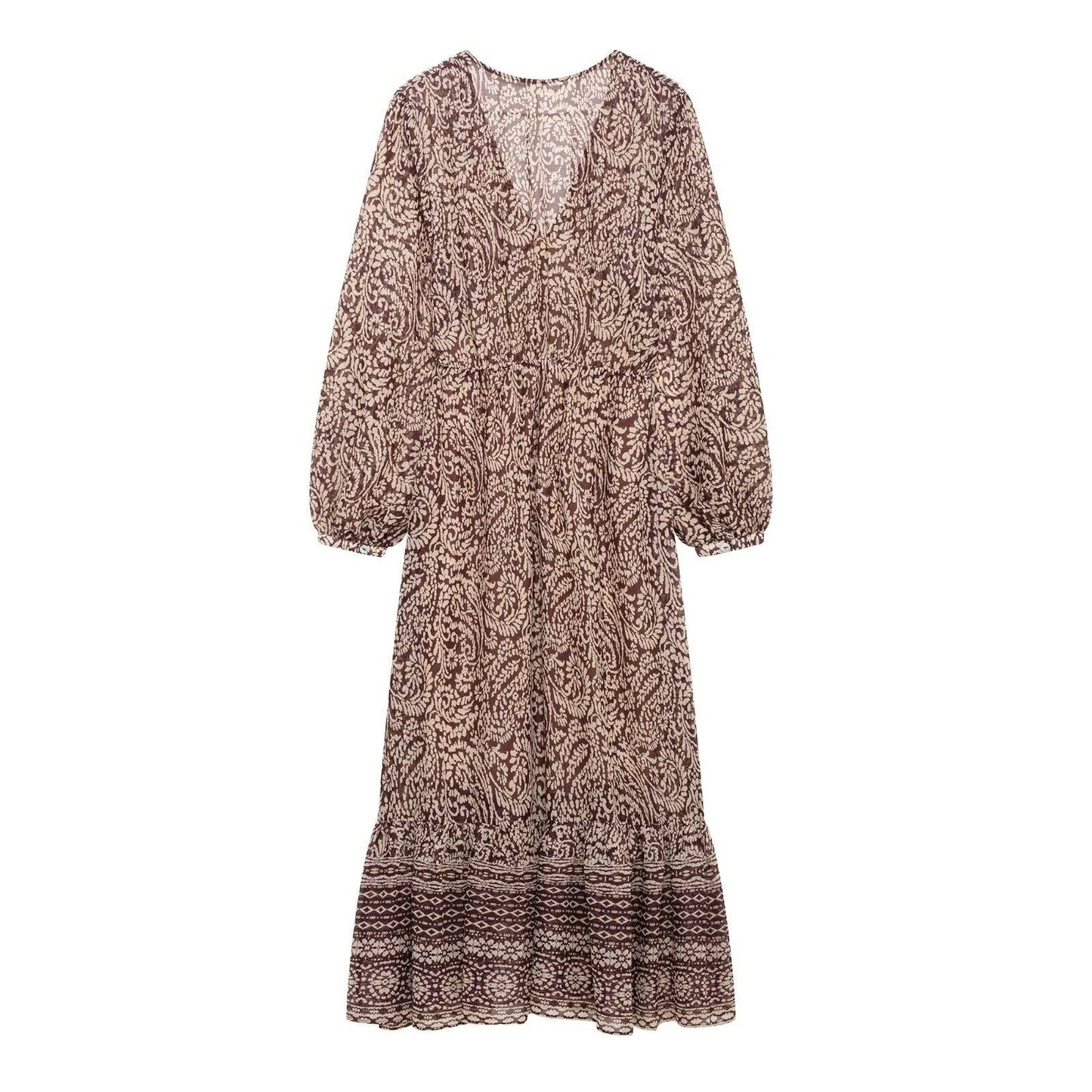 2025 Spring New Product Women's Stacked Decorative Printed V-neck Midi Dress Fas