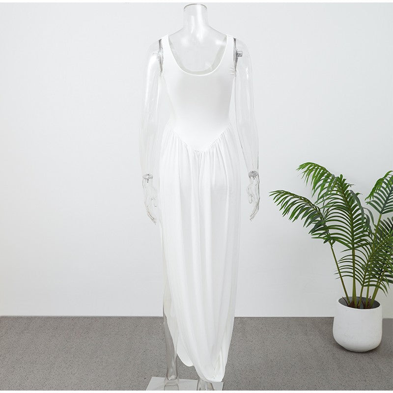 Women Sleeveless High Waist Split Sling Dresses White Elegant U Neck Irregular P