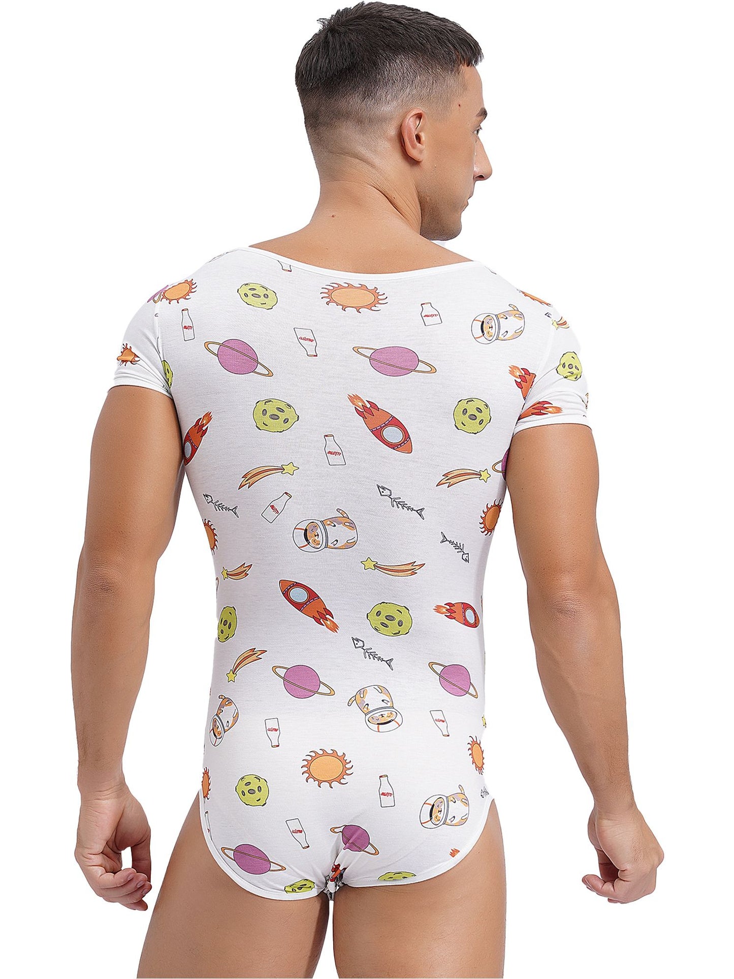 Mens Cute Cartoon Print Bodysuit Sissy Pajamas Short Sleeve Buttoned Crotch Diaper Rompers Gay Male Onesies Sleepwear Loungewear