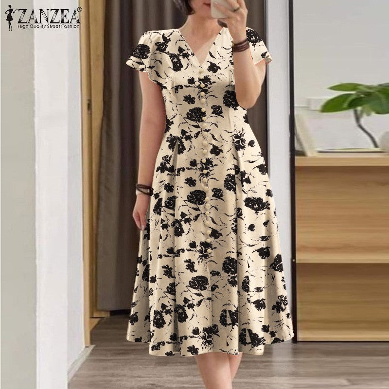 ZANZEA Woman Summer Dresses Ruffle Sleeve V-Neck Cinch Waist, Womens Elegant Flo