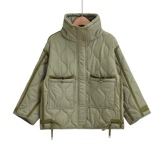 2024 autumn new women's fashion pocket decoration loose long sleeved stand collar diamond grid cotton jacket short jacket