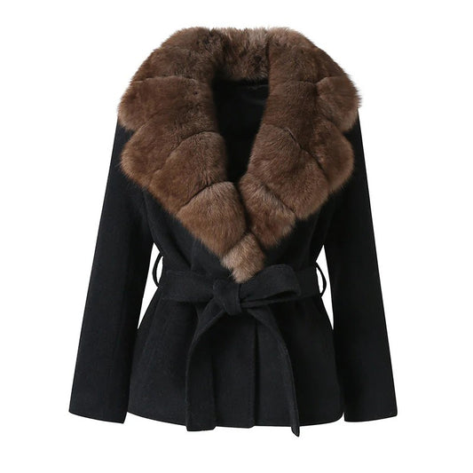 Fashion Fur Patchwork Short Warm Coat Women Lapel Lace Up Long Sleeve Coats Female 2025 Autumn Winter Lady Outwears New
