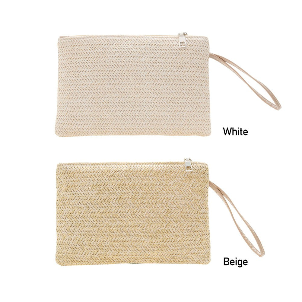 Fashion Women Bohemian Woven Clutch Wristlet Bag Casual Ladies Beach Summer Solid Color Small Handbags Purse White Beige Gifts