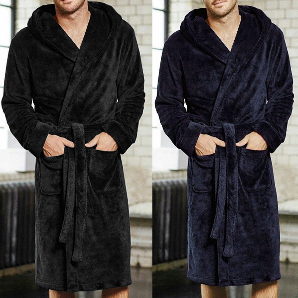 Casaul Men's Plush Shawl BathRobes with Sashes Men Soft Long Sleeve 2 Side Pockets Cloak Winter Solid Warm Dressing Gown M-XXL