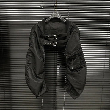 2024 Autumn New Niche Design Black Shoulder Vest Women's Leather Flight Plane Style Cropped Jacket Crew Neck Pattern