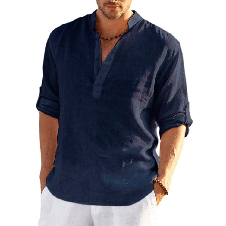 8 Colors!2023 New Linen Shirt Men Brief Breathable Comfy Solid Color Long Sleeve Loose Harajuku Casual Blouse Hawaiian Shirts