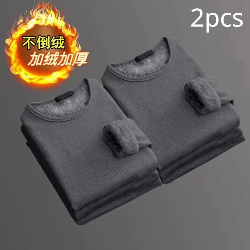 2PCS Men's Underwear Winter Long-sleeved Thermal Underwear Plus Velvet Padded T-shirt O-Neck Solid Color Slim Bottoming Shirt