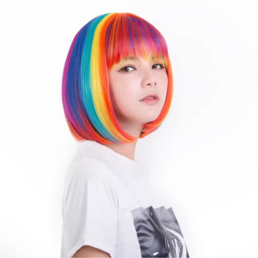 Colorful Bob Hairstyle Wig Suit Airy Bangs Rainbow Halloween Cosplay Short Hair Synthetic Wig Halloween, Christmas costumes