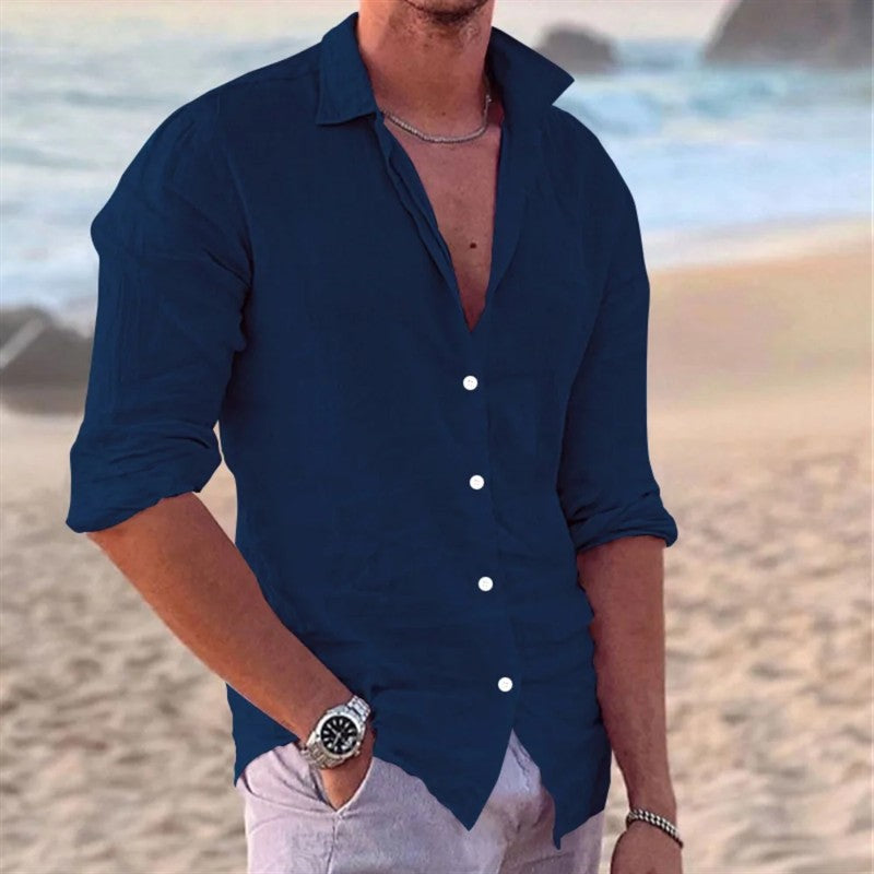 New Men's Cotton and Linen Long Sleeve Shirt Fashion Casual Lapel Beach Shirt Solid Color Hawaiian Vacation Shirt