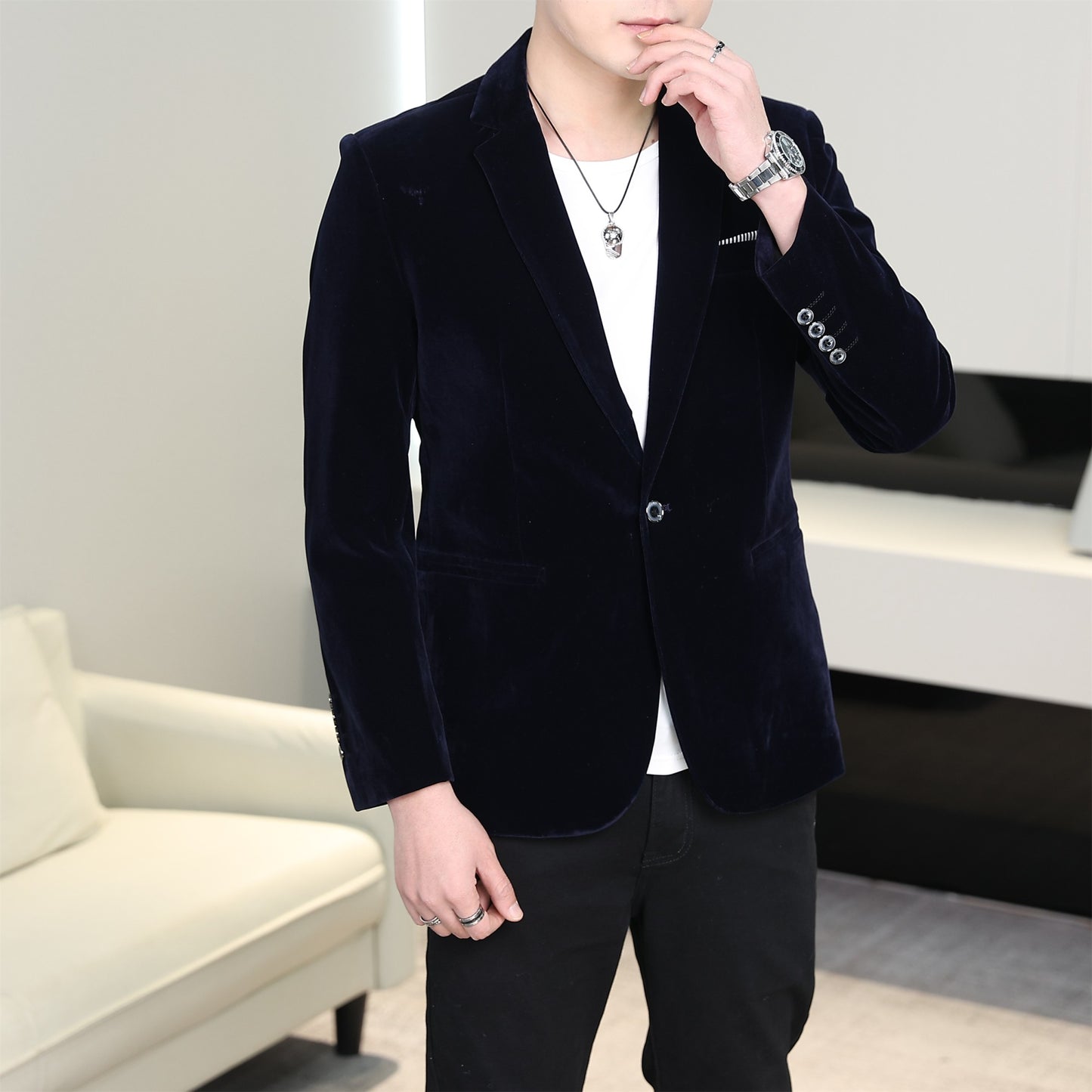 Gold Velvet Suit Men's Trendyy Performance Suit Spring & Fall All Year Round Slim Thin Youth Dress Groomsmen Groom's Dress Wedding Party Suit