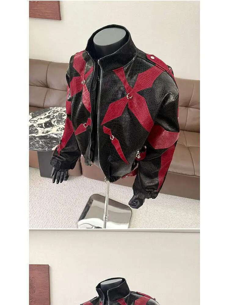 PFHQ Men's PU Leather Jacket 2025 Zipper Stand Collar Contrast Color Korea Fashion Darkwear Male Tops Casual 21E2807