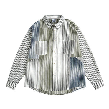 Stripe Splice Shirt Men Japnese Streetwear Fashion Loose Casual Long Sleeve Shirts Cityboy Oversize Cargo Shirts Blouses