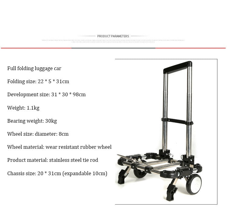 Carrinho de bagagem dobrável completo em aço inoxidável Capacidade de carga de 30kg Fácil de transportar Malas de rodinhas Carrinhos de compras para mochilas escolares
