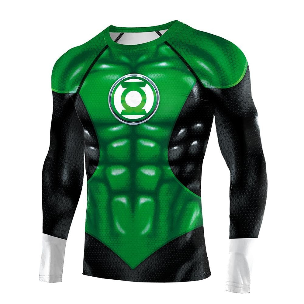 Superheroes Cosplay Costume Men Green Compression Shirts Lantern Printing Long Sleeves Tops Gym Sports Shirt Male Clothes