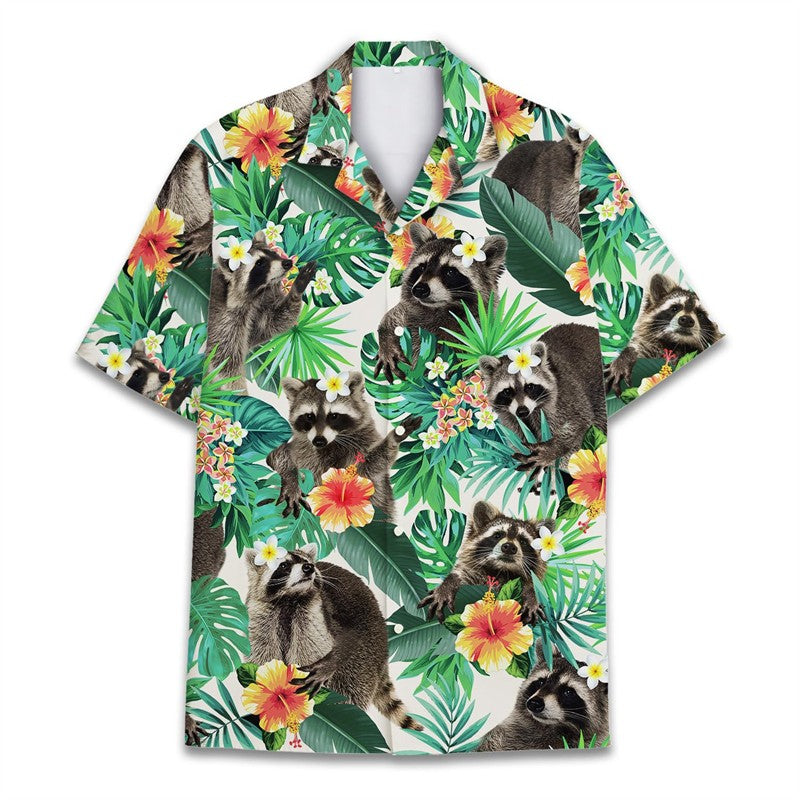 Funny Raccoon 3D Print Shirts For Men Hawaiian Casual Short Sleeve Lapel Blouse