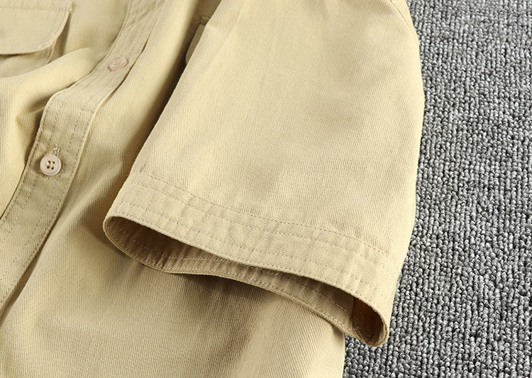 Simple cargo pocket design summer vintage short-sleeved shirt for men washed twill cotton fabric casual shirt