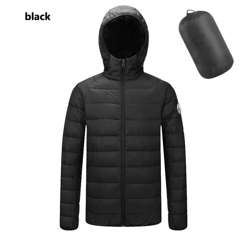 Hot Sales Europe Men Women Long sleeves Embroidery logo Zipper Front Going Out Light Thin Hooded Down Jacket Warm And Windproof