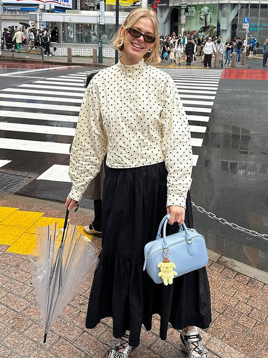 Polka Dot Stand Neck Short Jackets Women Fashion Long Sleeve Patchwork Contrast Slim Coats Casual Lady Street Commute Outerwear