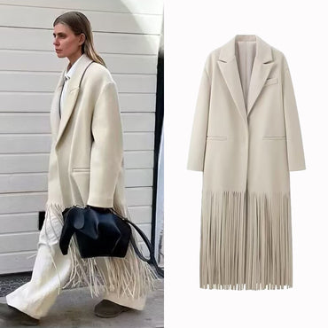 Women's Woolen Long Woolen Coat Fashion Casual Tassel Elegant Chic Versatile Outerwear Autumn Winter Ladies Outwear Jacket