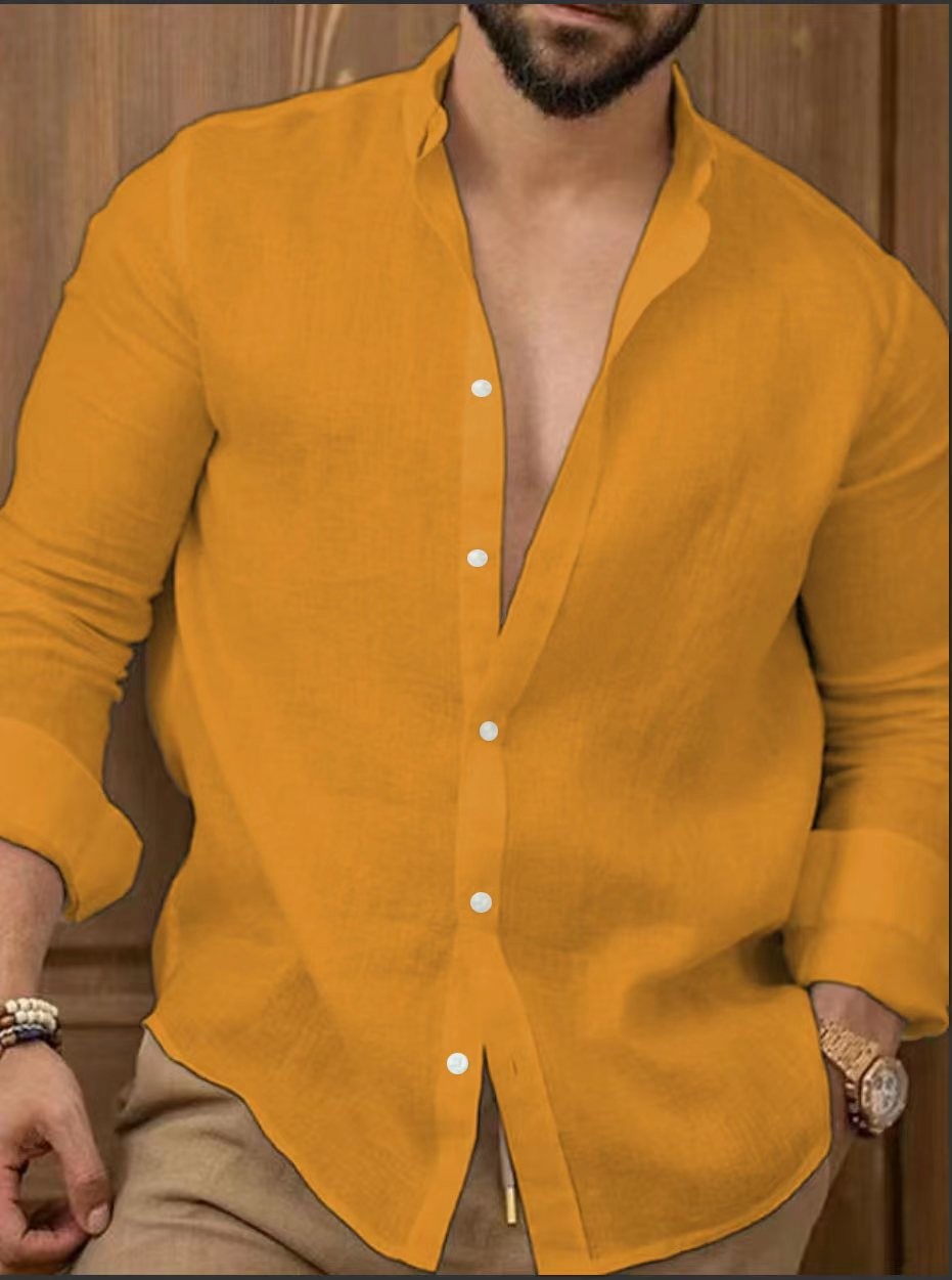 Men's Spring And Summer New Cotton Hemp New Men's Cool Long Sleeve Shirt Solid Color Loose Lapel Casual Beach Style Shirt