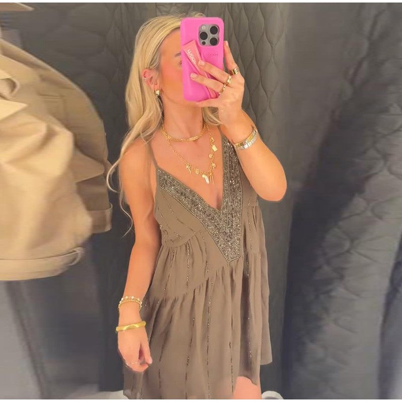 Sequins Bead Snowflake Midi Dress Women Fashion Sleeveless Backless Ruffle Pleat