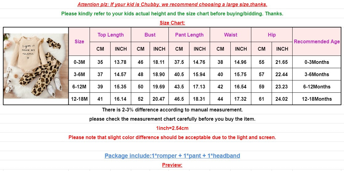 3PCS Newborn Baby Girl Clothes Set Long Sleeved Top+Leopard Pants+Headband Infant Spring Outfits for Toddler Girl 0-18 Months