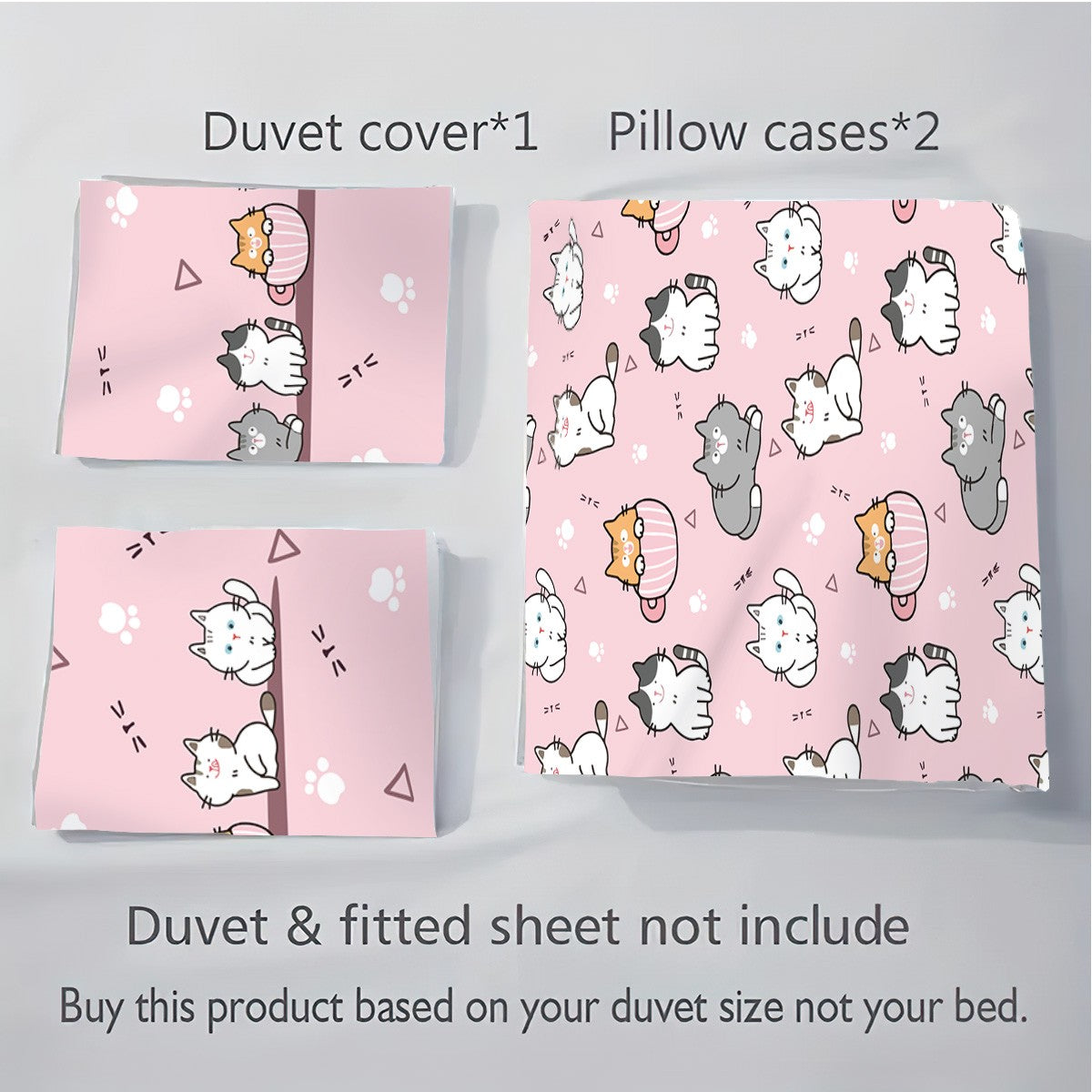 3pcs (1 duvet cover, 2 pillowcases, coreless), pink cute cartoon cat element printed bedding set, soft and comfortable