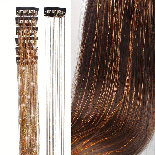 Color bright silk clip seamless hair extensions glitter gold silk dazzling laser wire color strips synthetic wigs