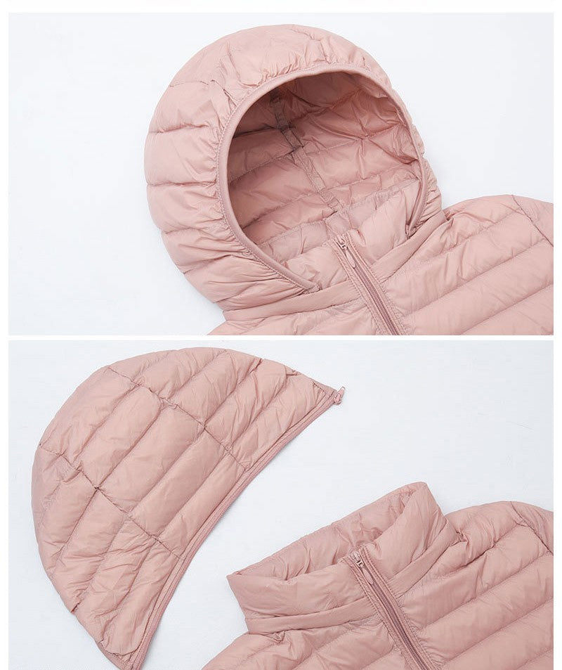 Schinteon Women Ultralight 90% White Duck Down Jacket with Removable Hood Autumn Winter Thin Outwear Portable Storage 2024 New