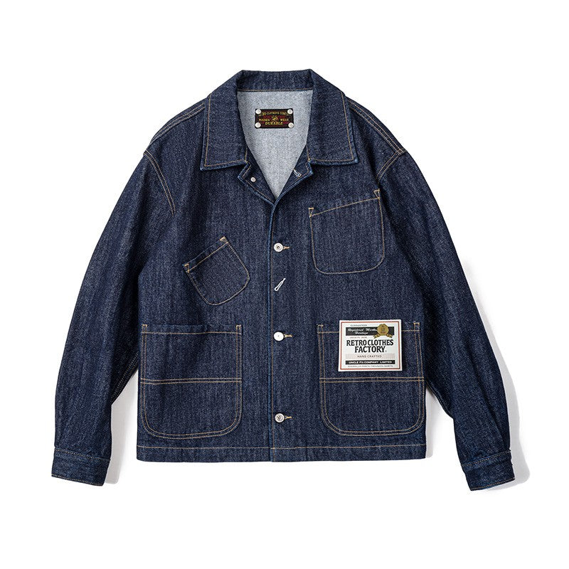 Maden Vintage Asymmetrical Four-pocket Design Denim Coat for Men 14OZ Single-breasted Turn-down Collar Jacket Autumn Work Coat