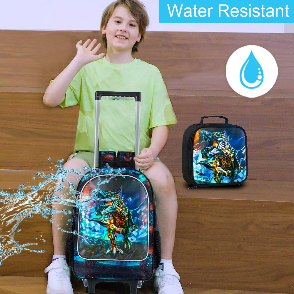 Mochila de rodinha 3 peças para meninos, mochila escolar de dinossauro com rodinhas, conjunto de malas escolares para crianças pequenas