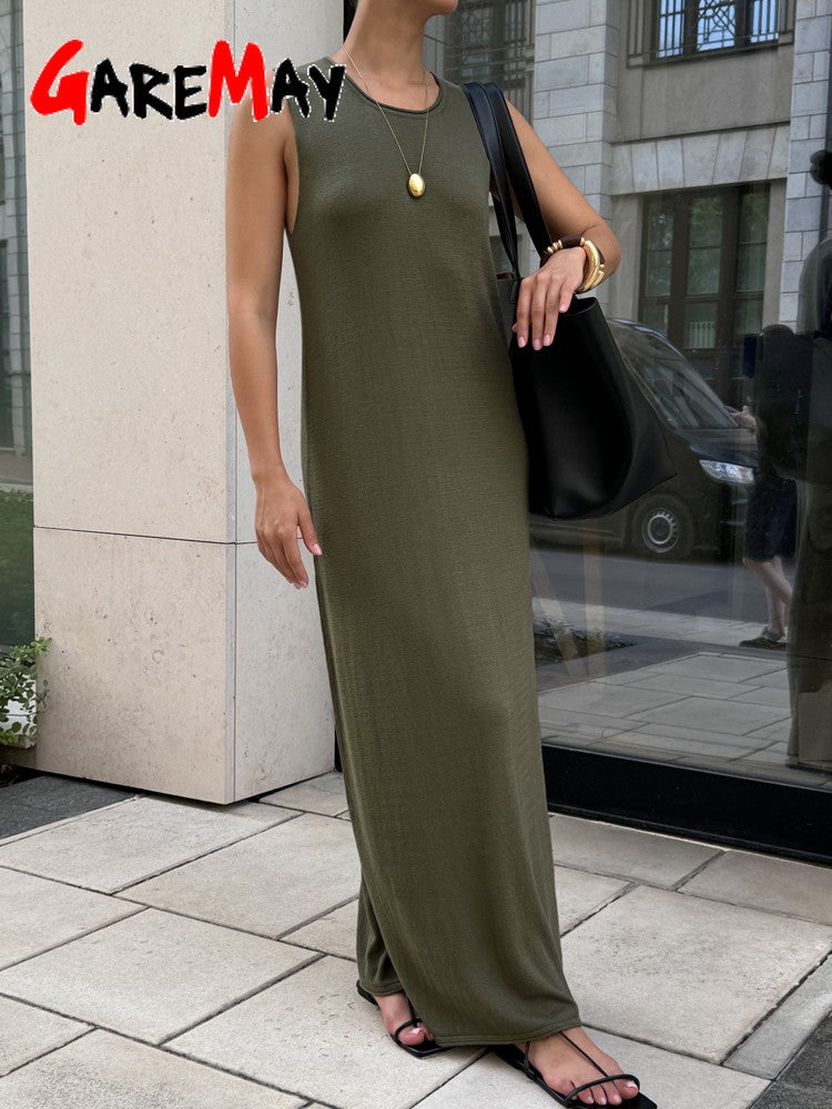 Noodle Women's Summer Knitted Dress Sleeveless Soild Long Elegant Brown Dress O