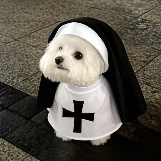 Roupas de Gato de Halloween com Fantasia de Freira e Estampa de Cruz de Jesus para Cães Pequenos Engraçado Bonito Vestido de Festa Macacão para Animais de Estimação Acessórios para Gatos