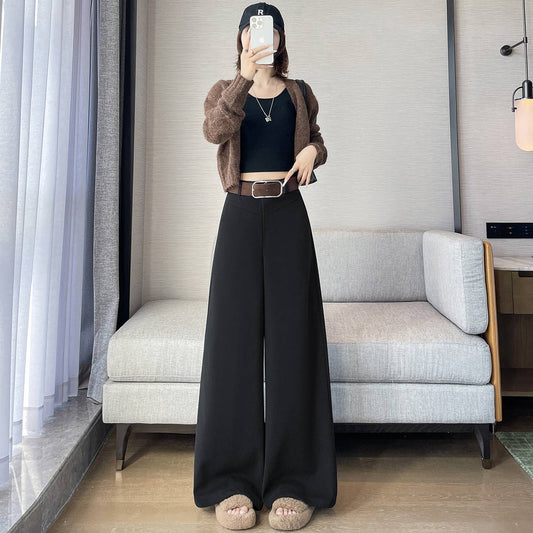 Grey Woolen Wide-leg Suit Pants Women 2025fall Winter New High-waisted Draping Straight-leg Casual Floor-length Thick Trouser