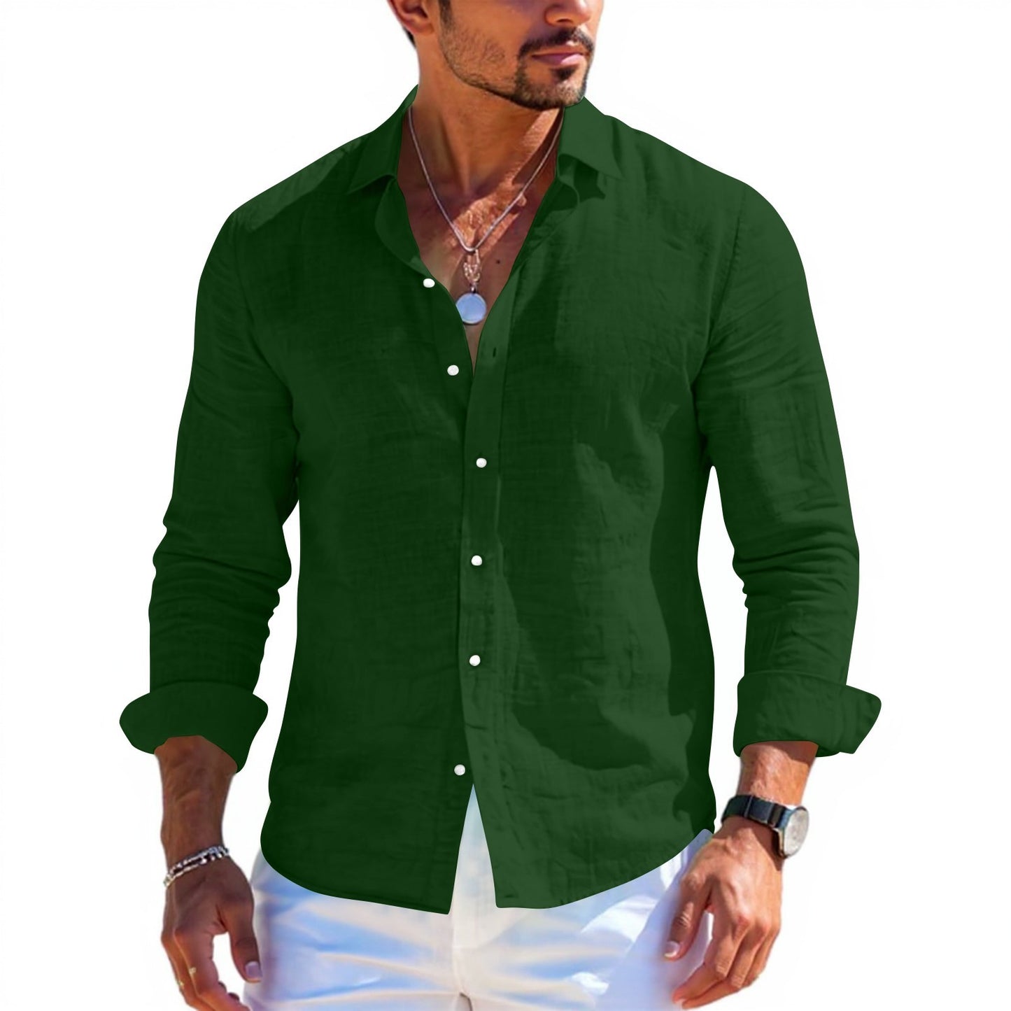 Men's tops long sleeve new style shirt cotton linen cool solid color loose lapel casual beach style cardigan spring and summer